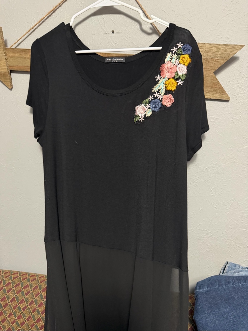 cha cha vente Black Dress with Multicolor Floral Embroidery